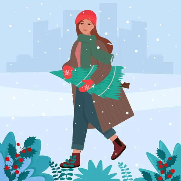 Woman Warm Clothes Carrying Xmas Fir Tree Preparing Christmas Holiday — Stock Vector