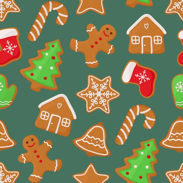 Modello Natale Senza Cuciture Con Biscotti Pan Zenzero Illustrazione Isolata — Vettoriale Stock