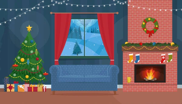 Interior Acolhedor Casa Tradicional Natal Com Árvore Decorada Presentes Lareira —  Vetores de Stock