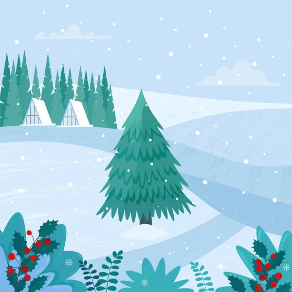 Winter Landscape Houses Forest Christmas Tree Vector Illustration Flat Style — Stock Vector