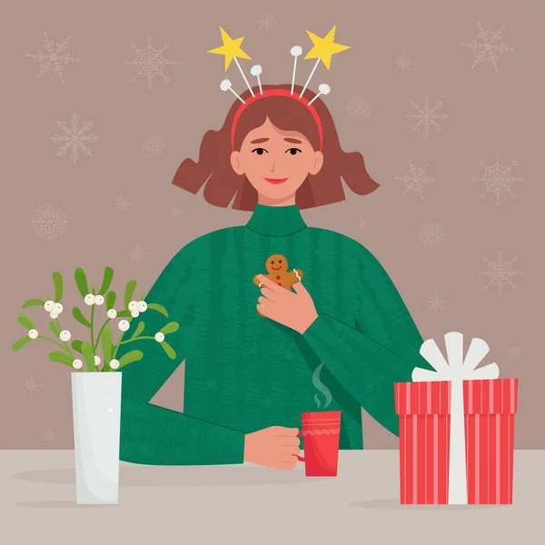 Fille Heureuse Dans Les Vêtements Noël Décorations Boissons Boisson Chaude — Image vectorielle