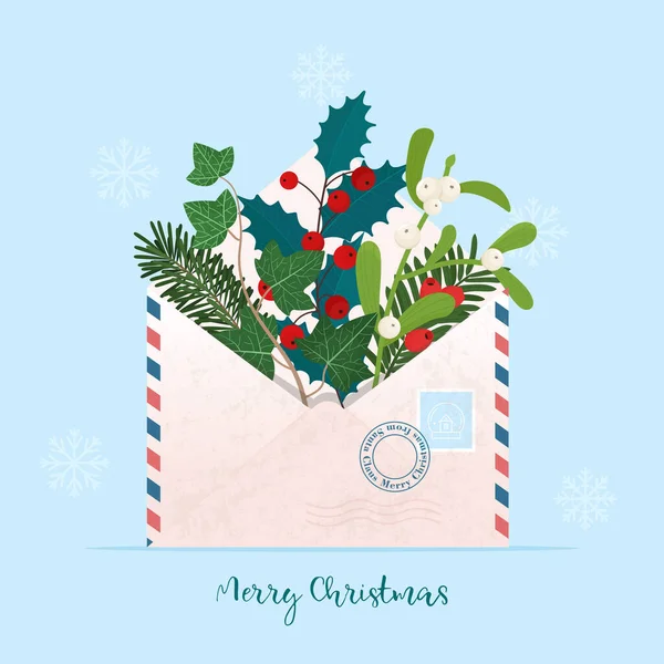 Vánoční obálka s různými vánočními rostlinami - jmelí, cesmína, borovice, břečťan, tisová. Roztomilá vektorová ilustrace, šablona pro blahopřání, plakát — Stockový vektor