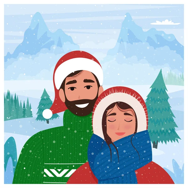 Joli couple en arrière-plan hivernal. Illustration vectorielle mignonne dans un style plat — Image vectorielle