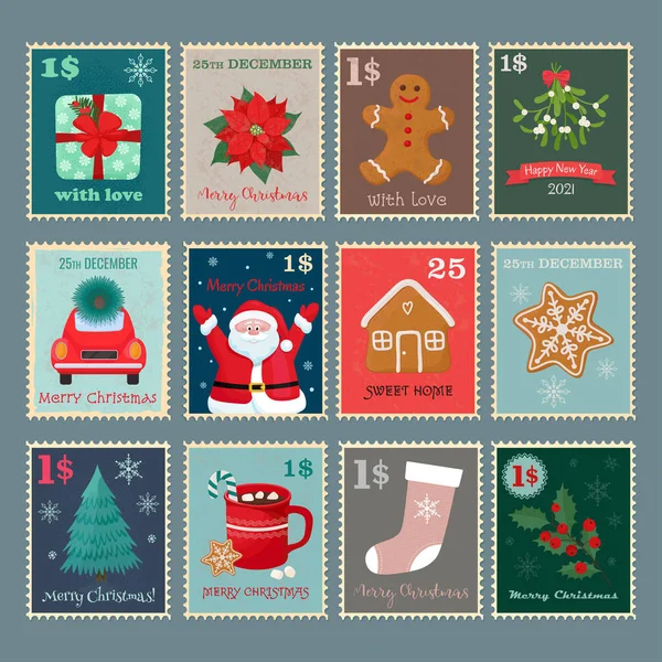 Selos postais de Natal. Ilustração isolada do vetor — Vetor de Stock