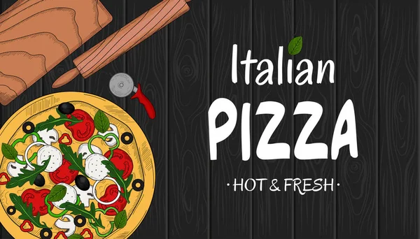 Pizza Italiana Utensilios Cocina Sobre Fondo Madera Vista Superior Plantilla — Vector de stock