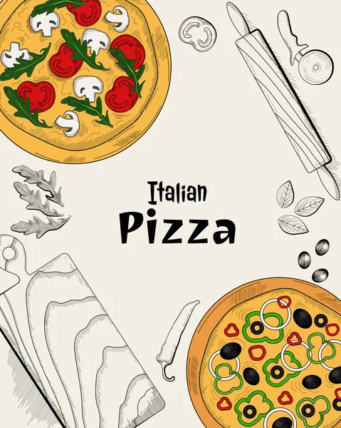 Pizza Italiana Ingredientes Utensilios Cocina Vista Superior Plantilla Diseño Menú — Vector de stock