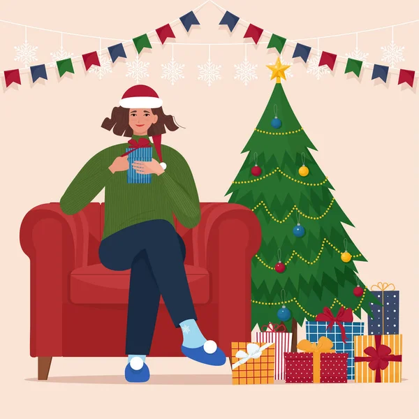 Femme Assise Sur Une Chaise Près Sapin Noël Illustration Vectorielle — Image vectorielle