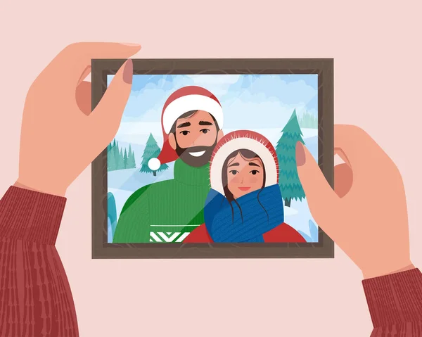 Ruce Držící Vánoční Rodinný Portrét Rámu Fotka Památku Roztomilá Vektorová — Stockový vektor