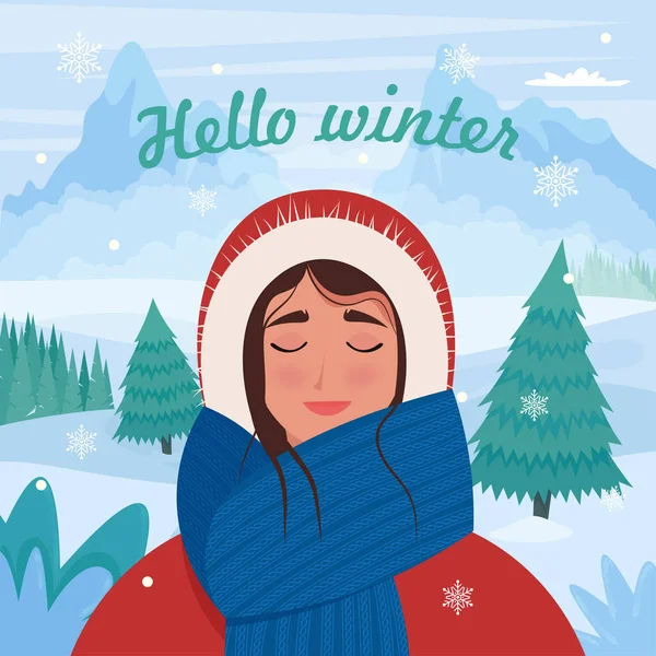 Happy Girl Mountains Winter Cute Vector Illustration Flat Style — Stock Vector