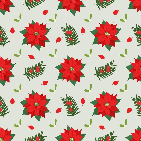 Modèle Sans Couture Noël Avec Poinsettia Gui Plantes Illustration Vectorielle — Image vectorielle