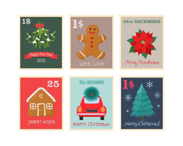 Selos Postais Natal Ilustração Vetorial — Vetor de Stock