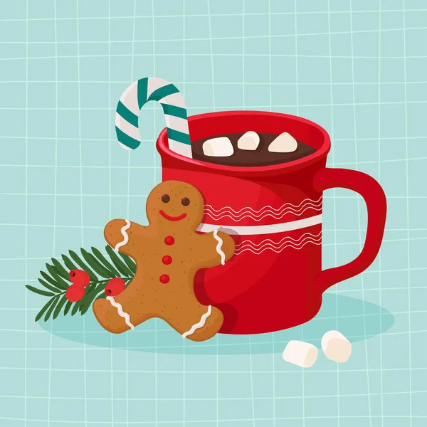 Hot Chocolate Marshmallow Gingerbread Cookie Vector Illustration Hand Drawn Doodle — Stock Vector