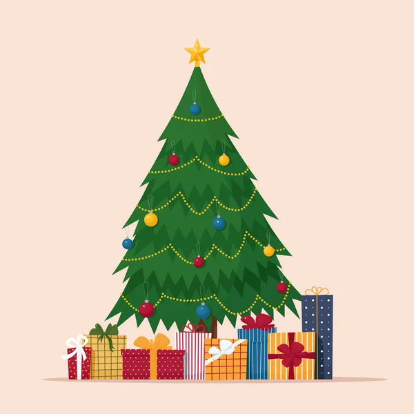 Árvore Natal Com Caixas Presentes Ilustração Vetorial Bonito Estilo Plano — Vetor de Stock