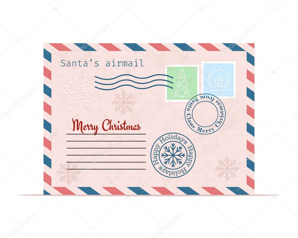 Christmas envelope with seals, stamps. Cute vector illustration, isolated on white background