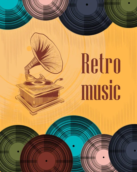 Poster Concert Muzică Retro Banner Sau Pliant Gramofon Discuri Vinil — Vector de stoc