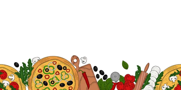 Безшовный Баннер Пиццей Винтажном Стиле Векторная Иллюстрация Стиле Эскиза Шаблон — стоковый вектор