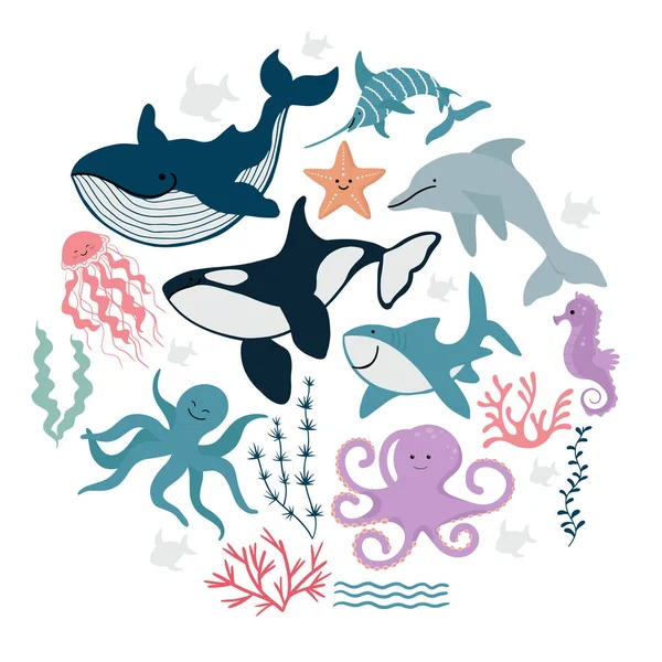 Şirin Deniz Hayvanları Balık Yosun Koleksiyonu Basit Çizimi Biçiminde Vektör — Stok Vektör