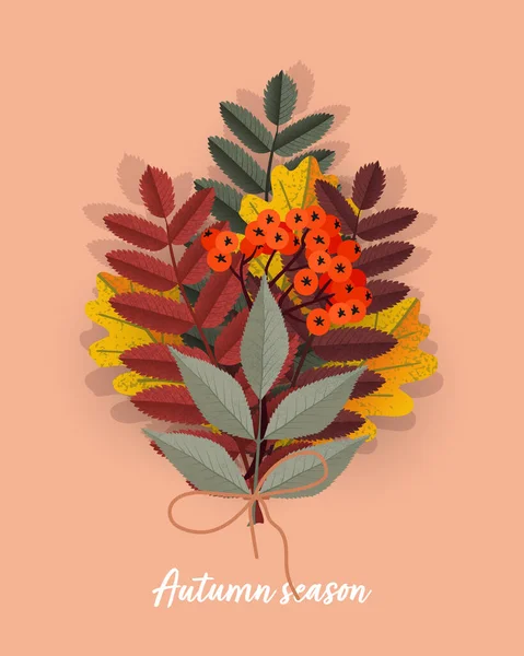 Renkli sonbahar yaprakları ve kızılcık çileği buketi. Vektör izole illüstrasyonu — Stok Vektör