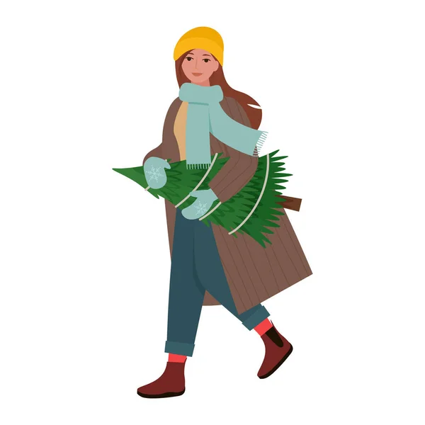 Woman Carrying Xmas Fir Tree Preparing Christmas Holiday Flat Vector — Stock Vector