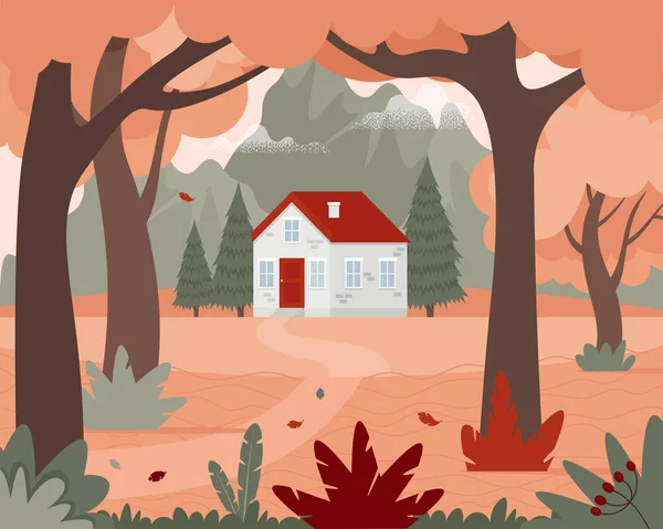 Paysage d'automne avec une maison dans les bois et les montagnes. Forêt en automne. Illustration vectorielle mignonne dans un style plat — Image vectorielle