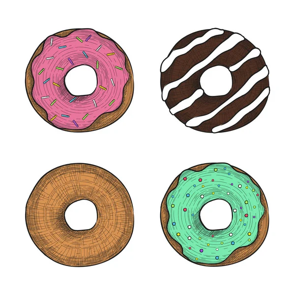 Donuts Ensemble Dans Style Gravure Couleur Illustration Vectorielle Dessinée Main — Image vectorielle