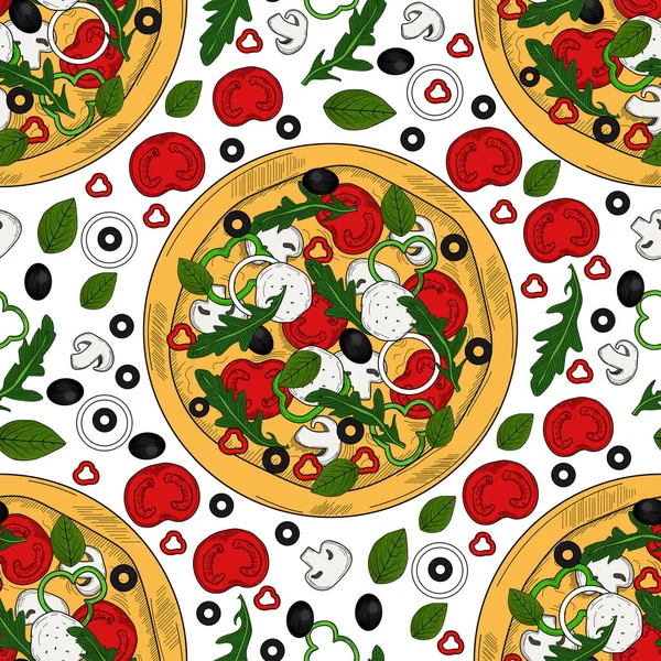 Pizza Con Patrón Sin Costura Ingrediente Ilustración Vectorial Estilo Vintage — Vector de stock