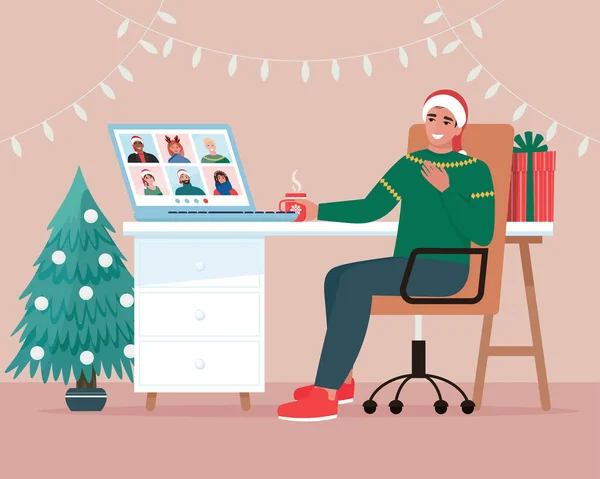 Człowiek Jego Przyjaciele Mają Połączenie Wideo Online Świętując Boże Narodzenie — Wektor stockowy