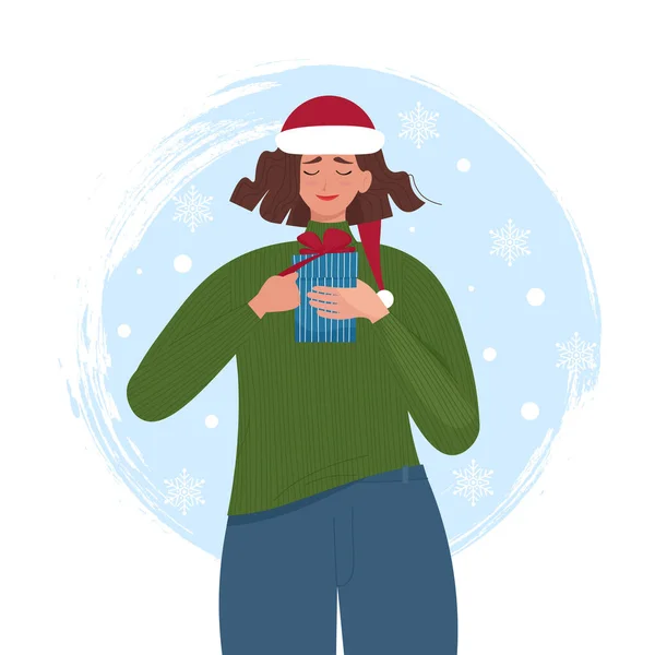 Fille Heureuse Dans Chapeau Noël Déballage Une Boîte Cadeau Joyeux — Image vectorielle