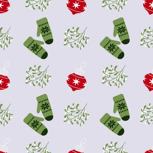 Boże Narodzenie bezproblemowy wzór z rękawiczkami, jemiołą i zabawką świąteczną. Wektor ilustracja w ręcznie rysowane skandynawski styl dziecinny — Wektor stockowy