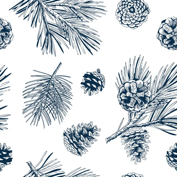 Pine Branch ve Cone Hand-Drawn Style Leamless Destern. Külahlı Evergreen Sedir Dalı. Oymalı Vektör İllüstrasyonu.