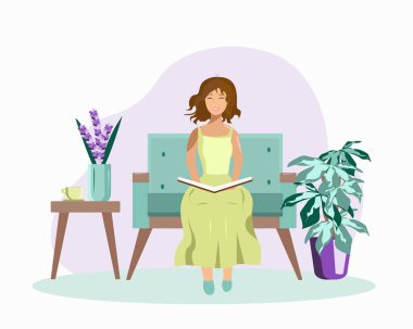 Evde bir kız ya da kadın bir çiçek ve masanın yanındaki sandalyede kitap okuyor.