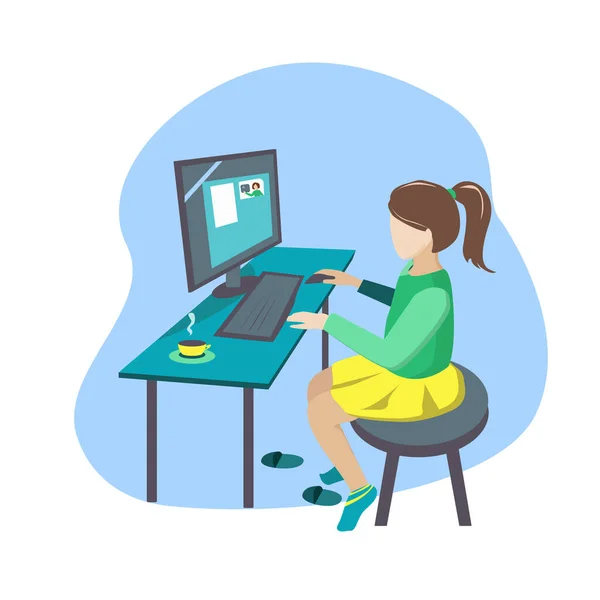 Niña Aprende Remotamente Casa Desde Una Computadora Usando Modernos Medios — Vector de stock