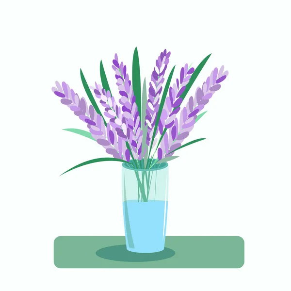 白い背景のテーブルの上の花瓶にラベンダーの花の花束 — ストックベクタ