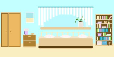 Yatak odasının içi bej renginde, içinde pencere ve kitaplık var.