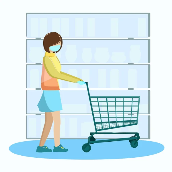 Woman Store Cart Wearing Gloves Mask Takes Food — Stock Vector