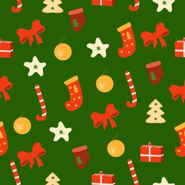 Yeşil arka planda, fiyonklu ve çoraplı Noel elementleri kusursuz desen