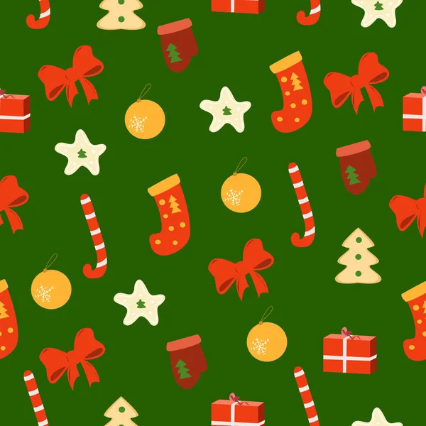 Yeşil arka planda, fiyonklu ve çoraplı Noel elementleri kusursuz desen