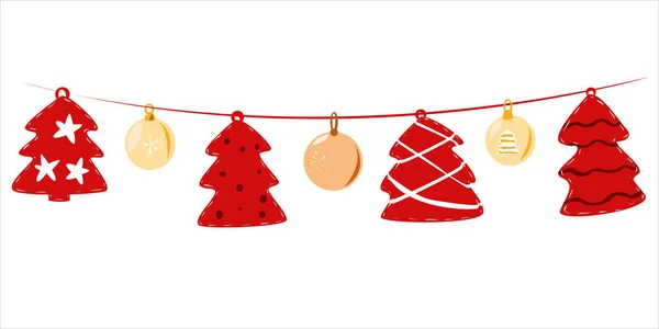 Guirlande Ballons Arbres Noël Cousus Tissu Rouge — Image vectorielle
