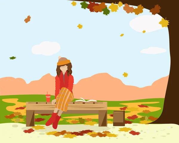 Girl Park Autumn Sitting Bench — Stock Vector