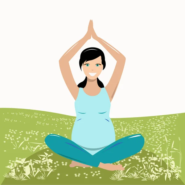 Šťastná těhotná žena dělá jógu v parku — Stockový vektor