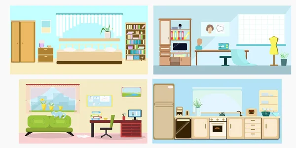 Intérieurs de la chambre et de la chambre des enfants et cuisine et bureau — Image vectorielle