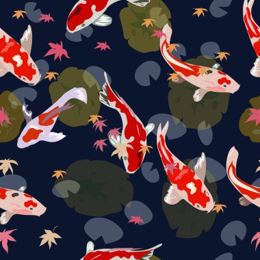 Kumaş veya başka şeyler için balık koi sazan deseni. Nilüferlerin arasında bir gölde yüzmek.