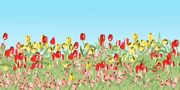 Tájkép Piros Rózsaszín Sárga Tulipánokkal — Stock Vector