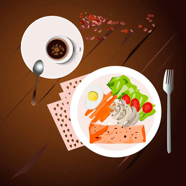 Lunch Cafe Coffee Fish Vegetables — Stock Vector