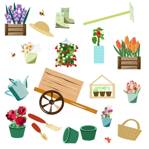 花の庭の道具や苗のセット — ストックベクタ