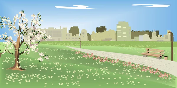 Våren Stor Stad Park Vacker Park Våren När Blommor Och — Stock vektor