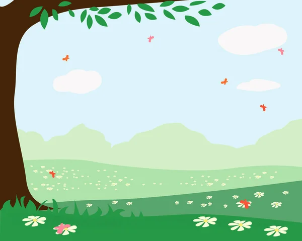 Lente Landschap Weide Boom Vlinders Bloemen — Stockvector