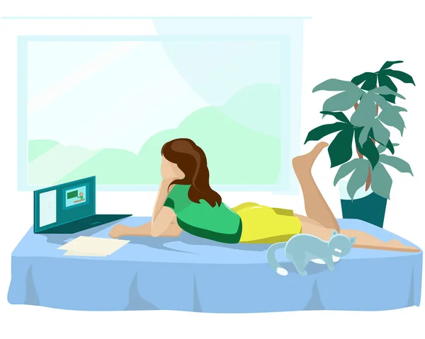 Kız Yatakta Uzanıyor Dizüstü Bilgisayarından Video Dersleri Izliyor — Stok Vektör