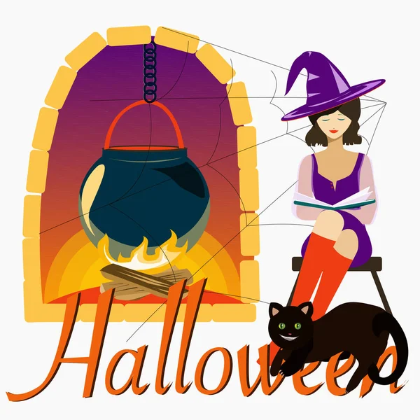 Bruja Está Sentada Cerca Del Caldero Inscripción Halloween Con Gato — Vector de stock