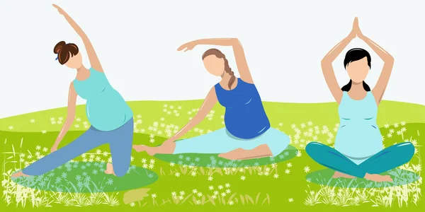 Tres Hermosas Chicas Embarazadas Están Haciendo Yoga Parque Aire Libre — Vector de stock